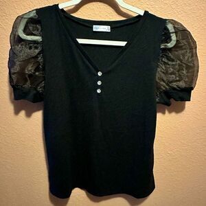 Retrology black top with mesh balloon sleeves and gems on chest